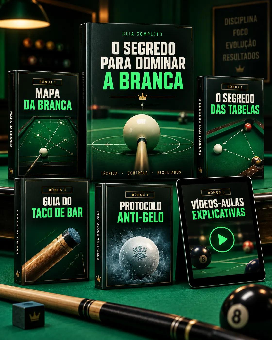 Mockup do plano completo: guia principal, 4 bônus e vídeo-aulas