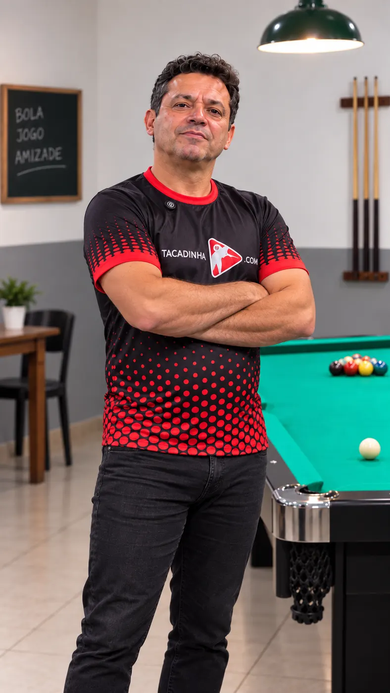 Alexandre Sinuquinha de braços cruzados ao lado de uma mesa de bilhar